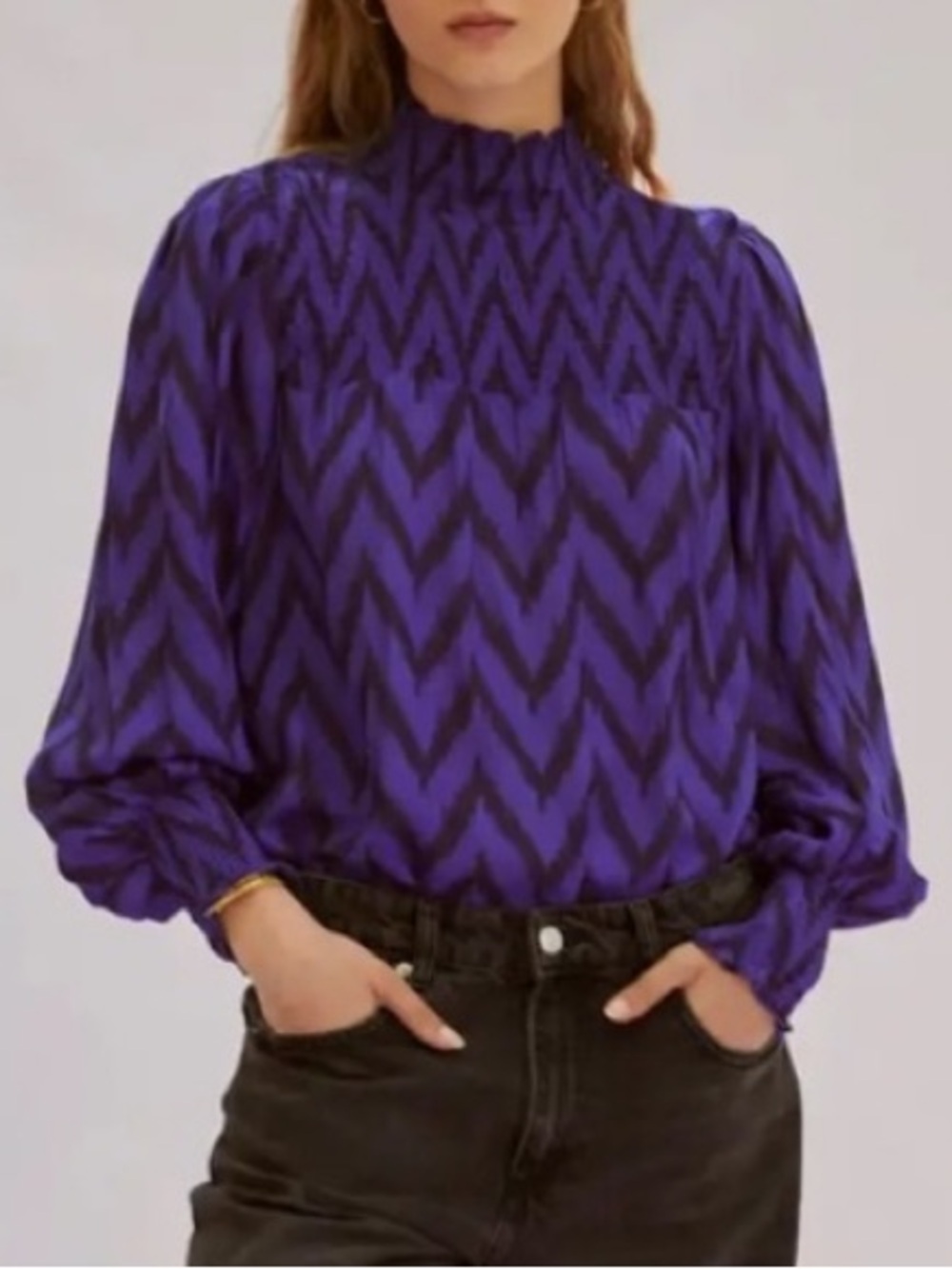 Sonmer Katie Blue Zig Zag Mock Neck Blouse Size S